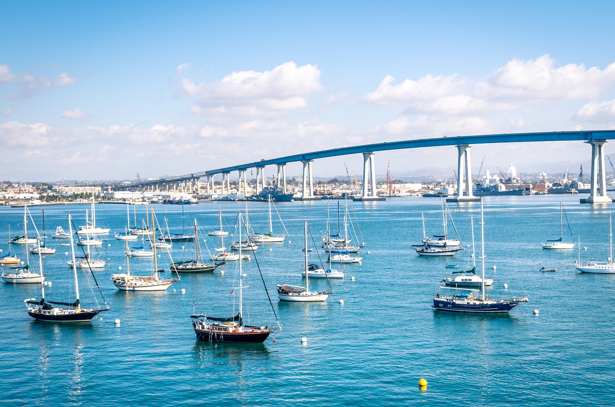San Diego waterfront with sailing Boats - Indutrial harbor and C