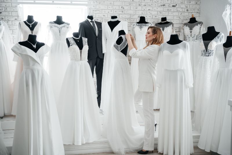 A wedding dress designer checking the dresses